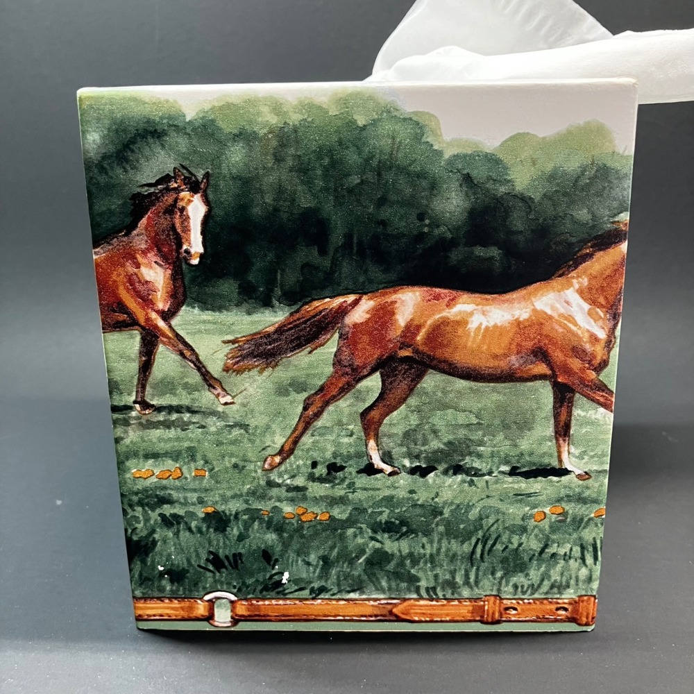 Connie's Creations Wood Tissue Box Cover Equestrian Running Horses Green - Picture 9 of 11